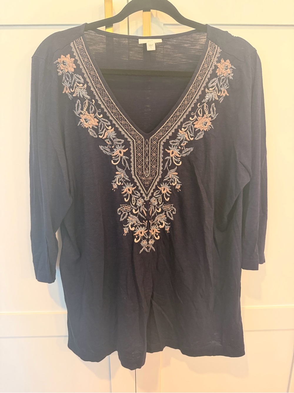 J. Jill Navy Tunic with Pink Floral Embroidery